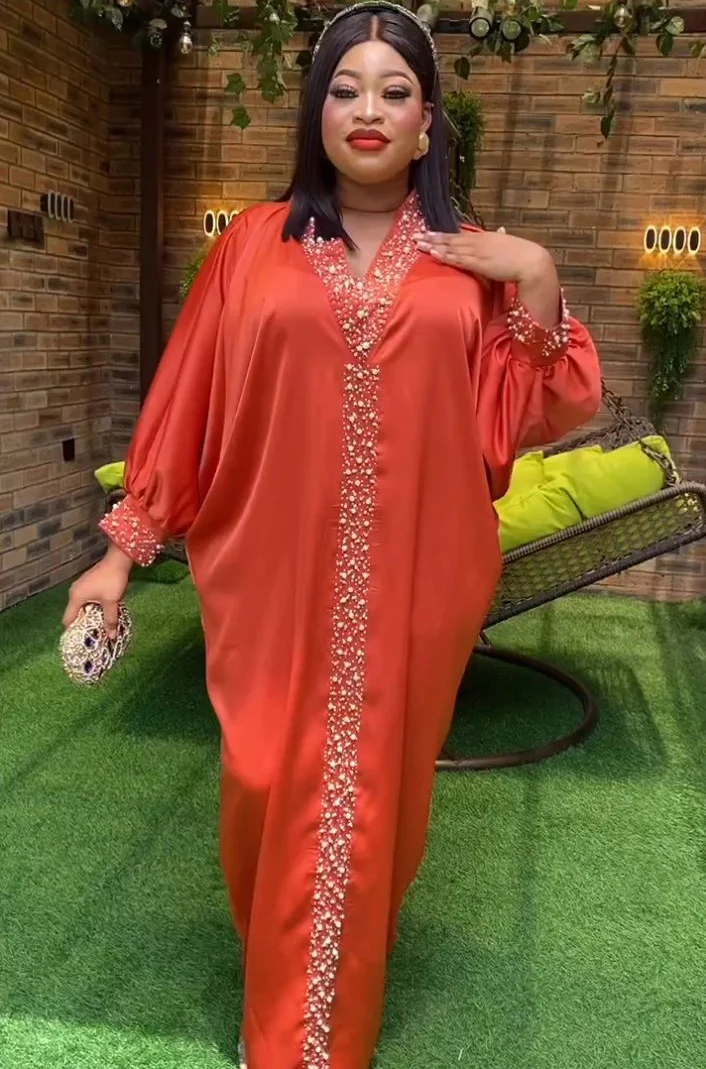 African Dresses Women 2023 Abaya Bazin RicWhe Robe Femme Musulmane Africa Clothing Beading Baet Sleeve Maxi Dress Party Weding