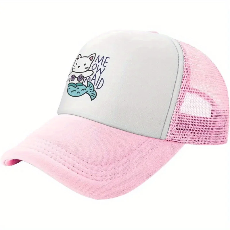 Cat Mermaid Print Pink Trucker Hat Polyester Mesh Adjustable Baseball Cap for Adults