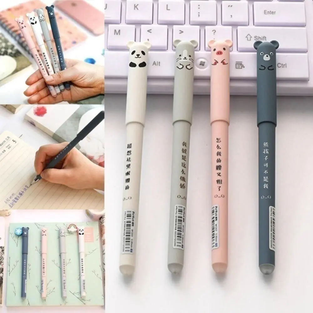 4pcs 0.35mm Cartoon Animals Erasable Pen School Writing Novelty Stationery Gel Pens Slim Blue Ink Neutral Pen Back To School