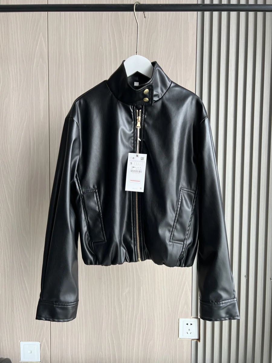 ETJ 2024 Herfst/Winter Nieuwe vrouwen street style y2k motorfiets mode lange mouwen stand kraag imitatie leren jas