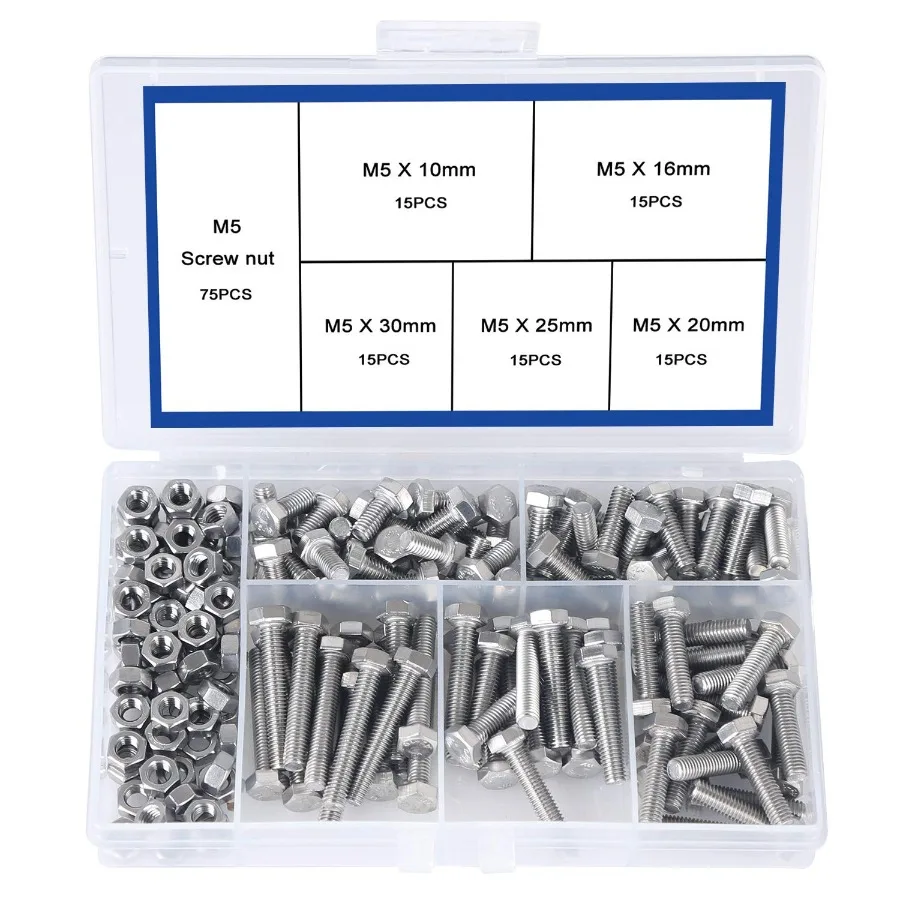 

M5 304 Stainless Steel Bolts and Nuts Kit Hex Flat Cap Bolts Screws Nuts Hexagon Sot Screw Heavy Duty Hex Bolts Nuts Assortme