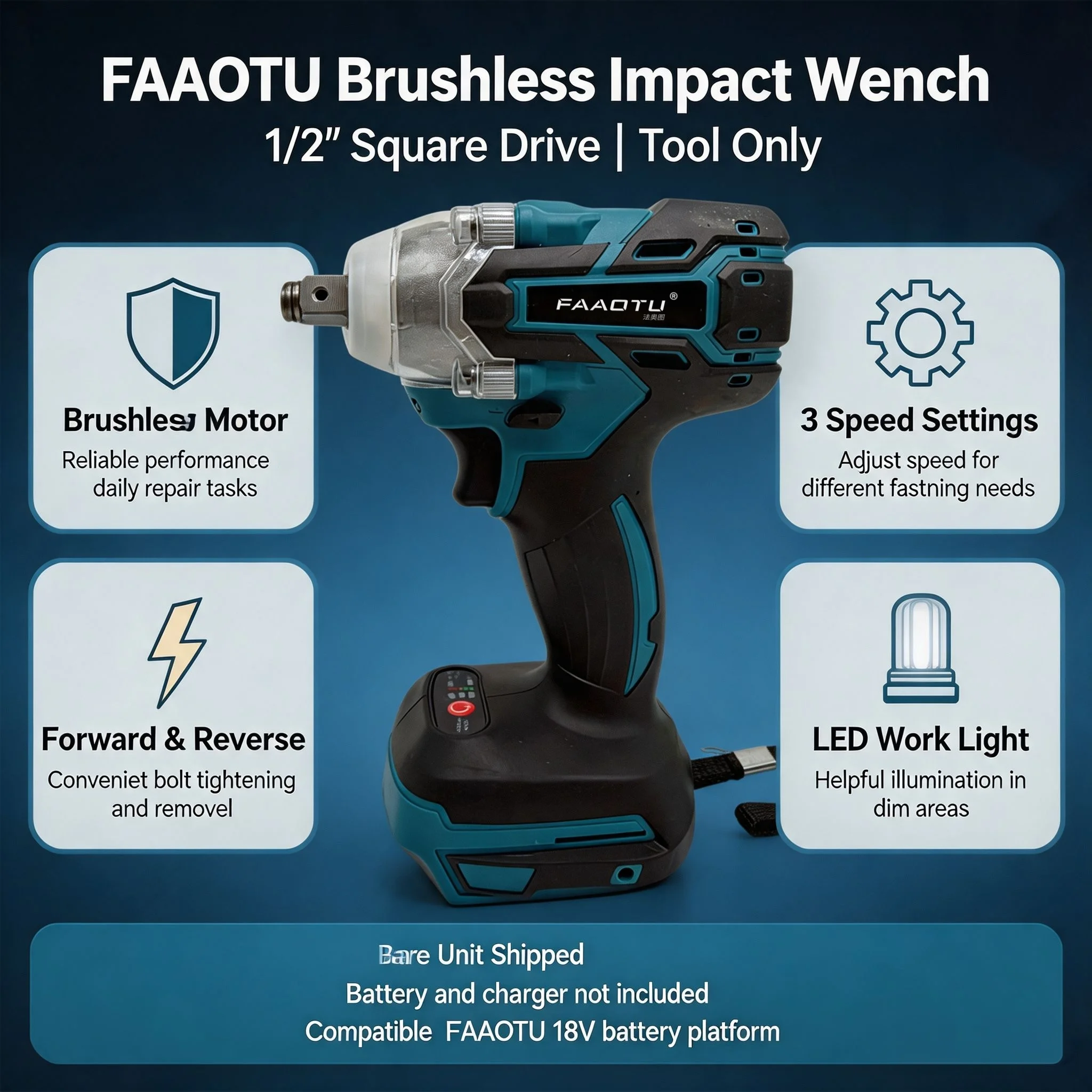 FAAOTU 285 cordless rechargeable hand wrench, high torque impact wrench,  18V lithium battery multi-purpose tool