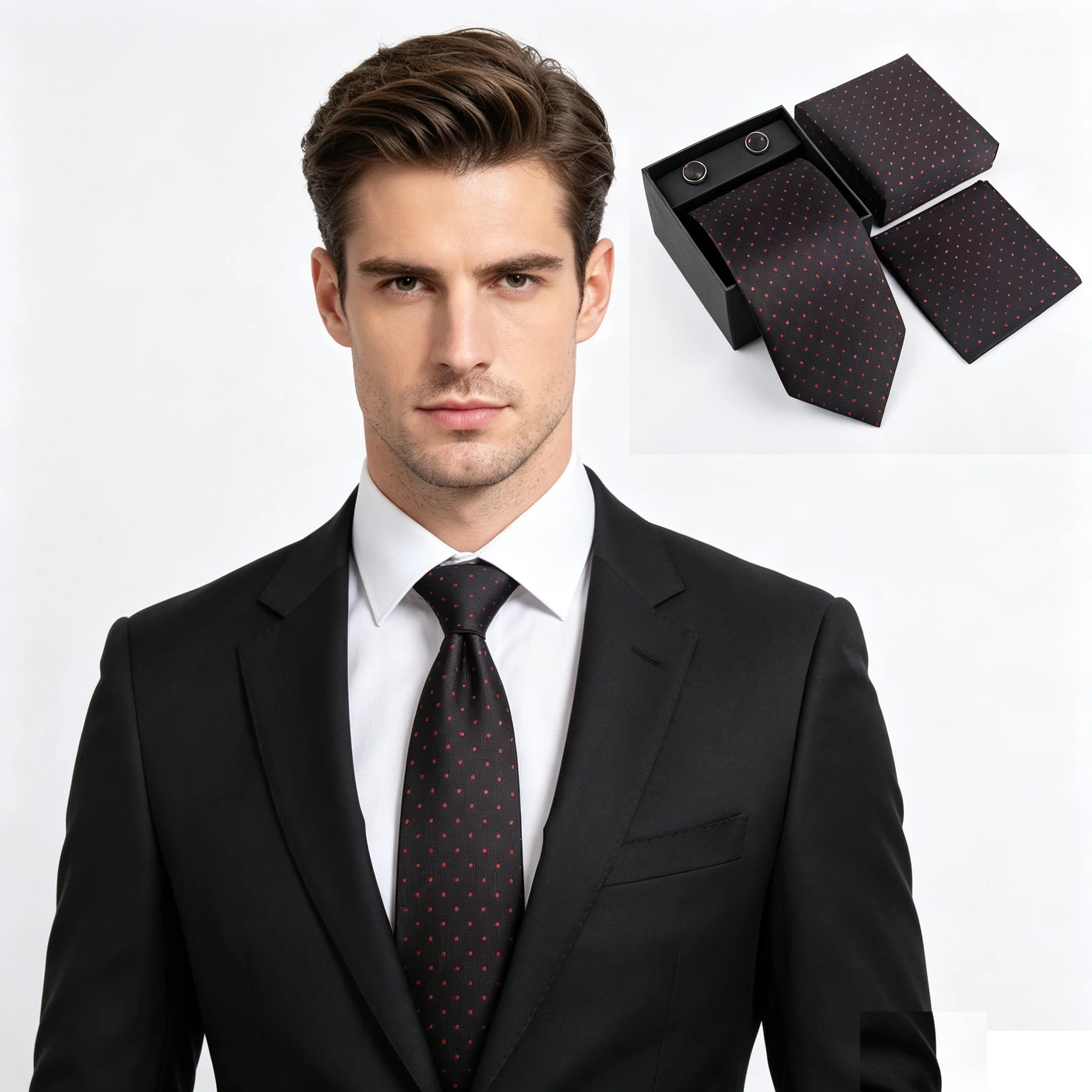 Black Floral MenNecktie Sets 9CM Wide Ties Ascot Gift Box Man Necktie Pocket Square Cufflinks Cravat Set Business Handkerchief