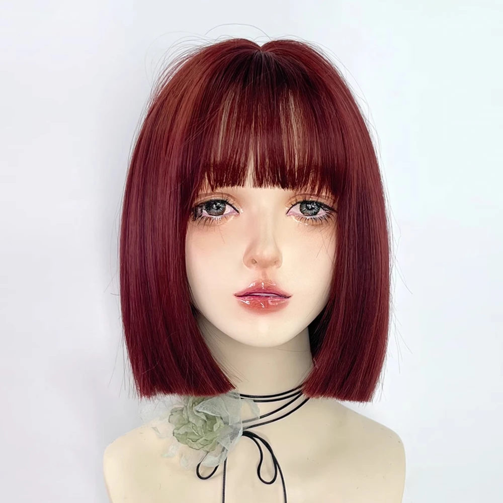 Synthetic Red Short Straight Women Bob Wigs with Bangs Lolita Cosplay Nature Fluffy Hair Wig for Daily Party