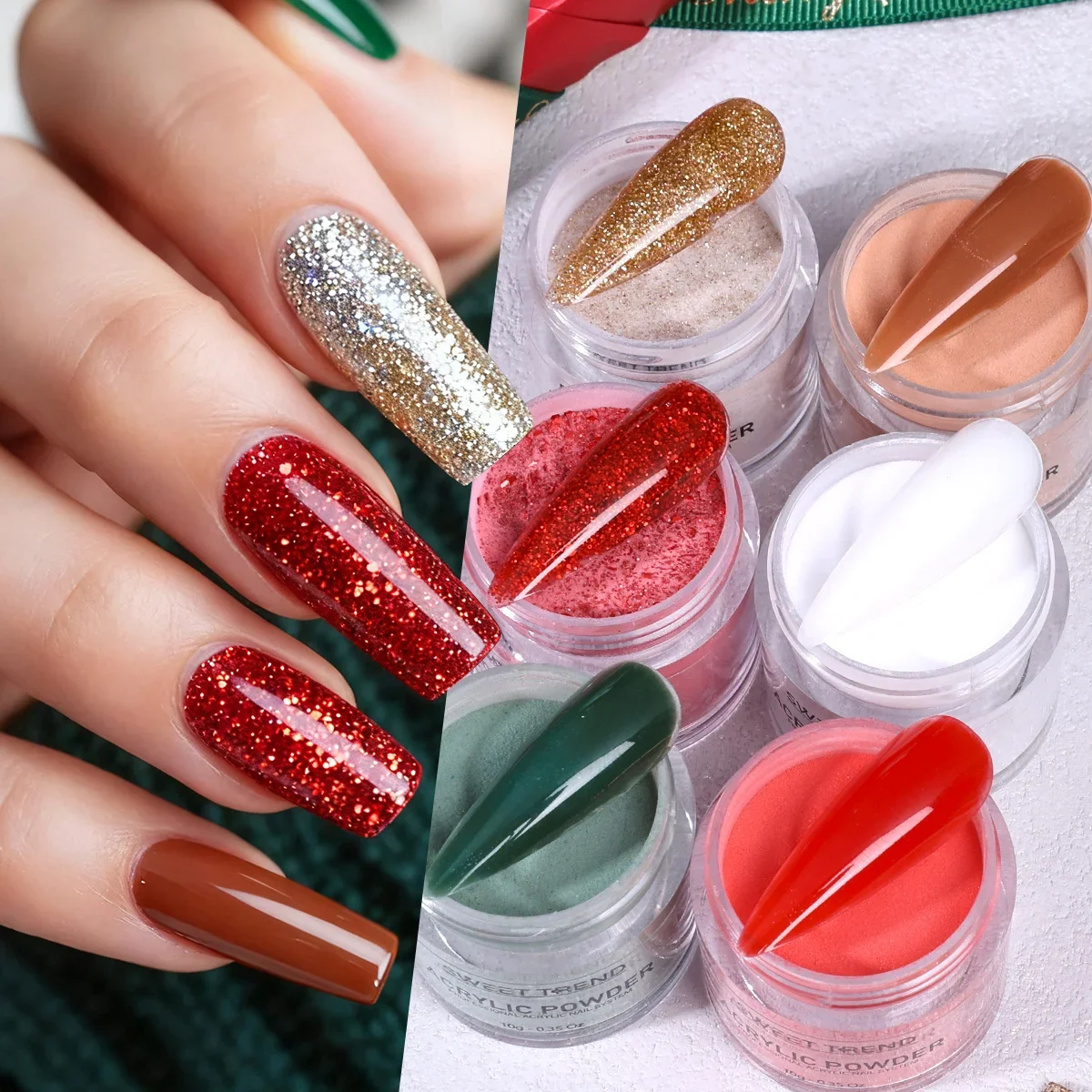 Polvo acrílico para uñas de Color navideño, 6 uds., verde, rojo, cristal dorado brillante tallado, lentejuelas de construcción, extensión de manicura, polvo de inmersión