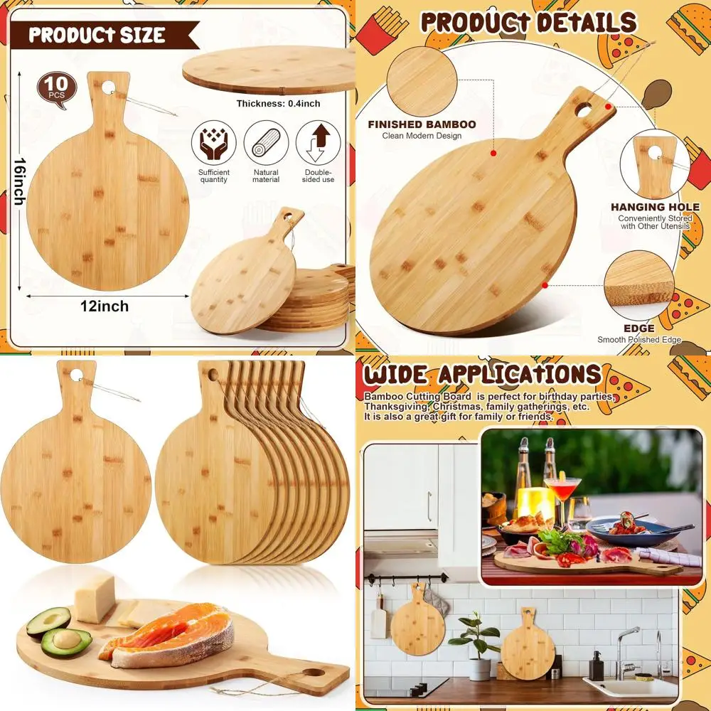

12 Bamboo Round Cutting Board Set, 10-Piece with Handle, Ideal for Kitchen Prep, Baking, Pizza, and More