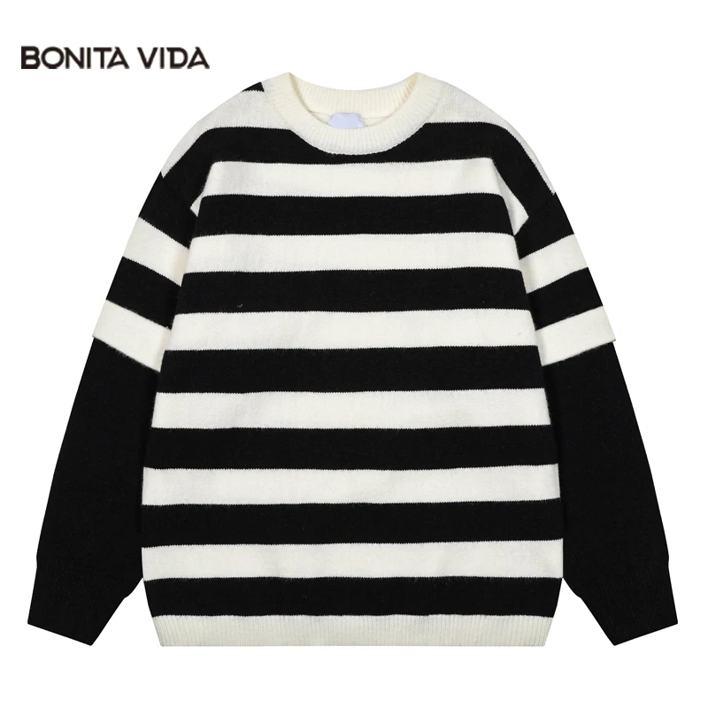 

Мужской трикотажный свитер в полоску, с длинным рукавом, в стиле хип-хоп