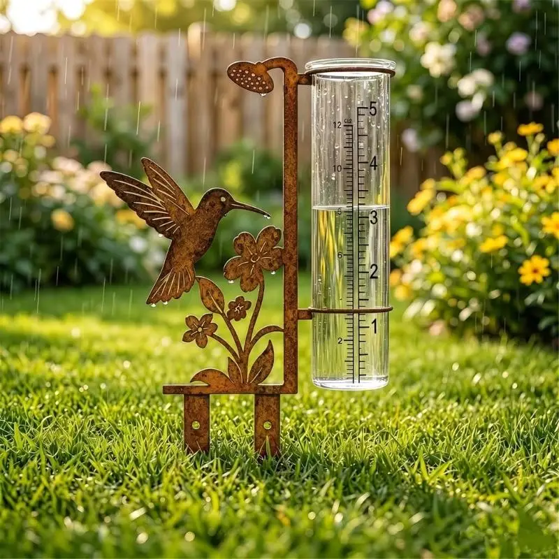 Decorative Garden Rain Meter Metal Stake with Bird and Flower Design, Outdoor Yard Water Viewing for Garden Use B03E