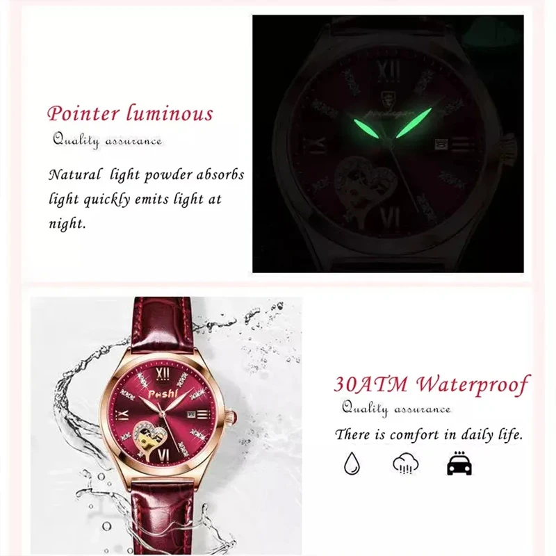 POSHI 925 Fashion Watch for Women Causal Quartz Watches Leather Bracelet Diamond Dial Wristwatch with Date Ladies Clock