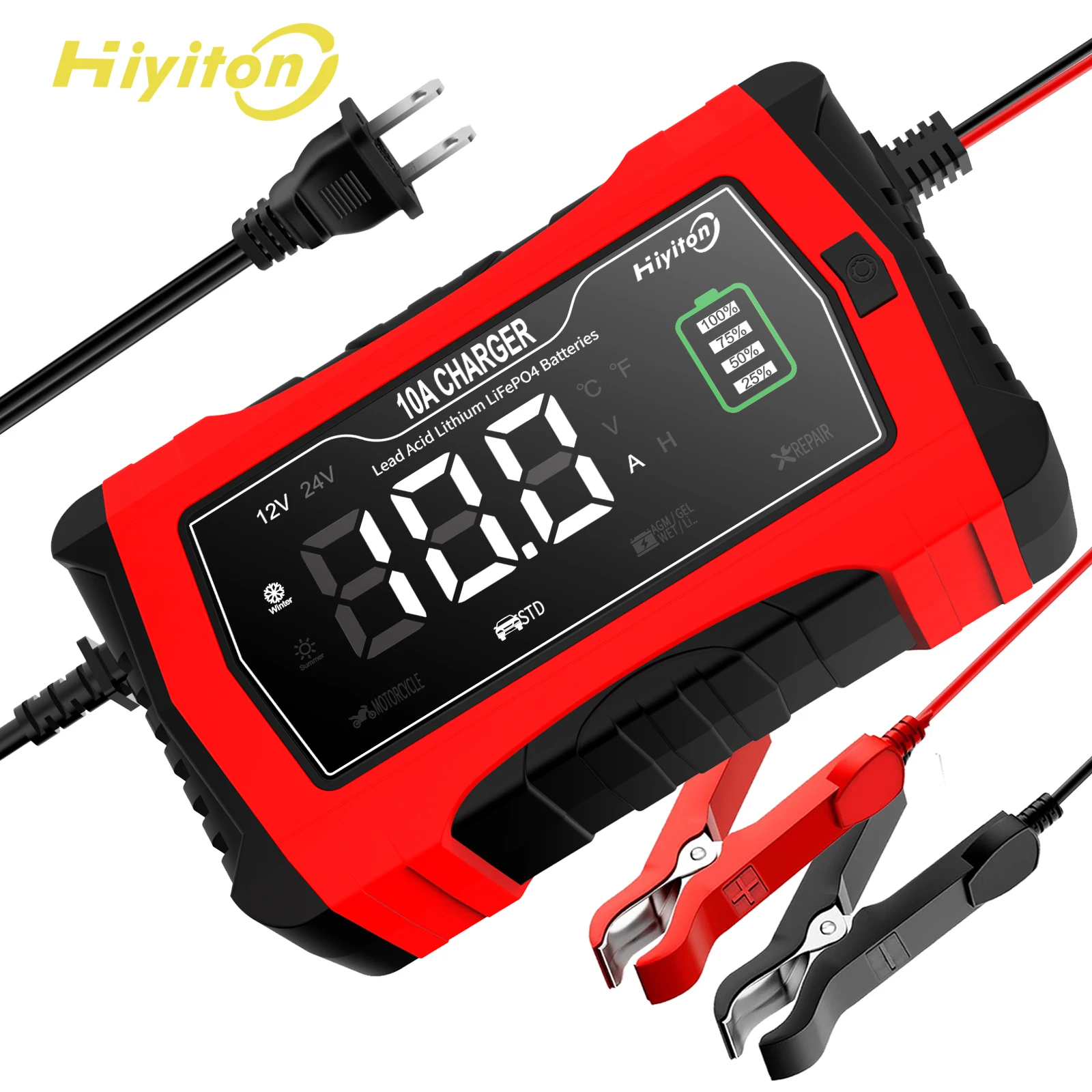 Hiyiton 12V 10A 24V 5A Car Battery Charger For Lithium LiFePO4 AGM GEL Lead-Acid Batteries Pulse Repair Motorcycle Charger