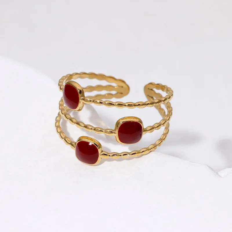 New Exquisite Trendy Gold Color Stainless Steel Geometry Multilayer Enamel Rings for Women High Quality Finger Jewelry Colorfast