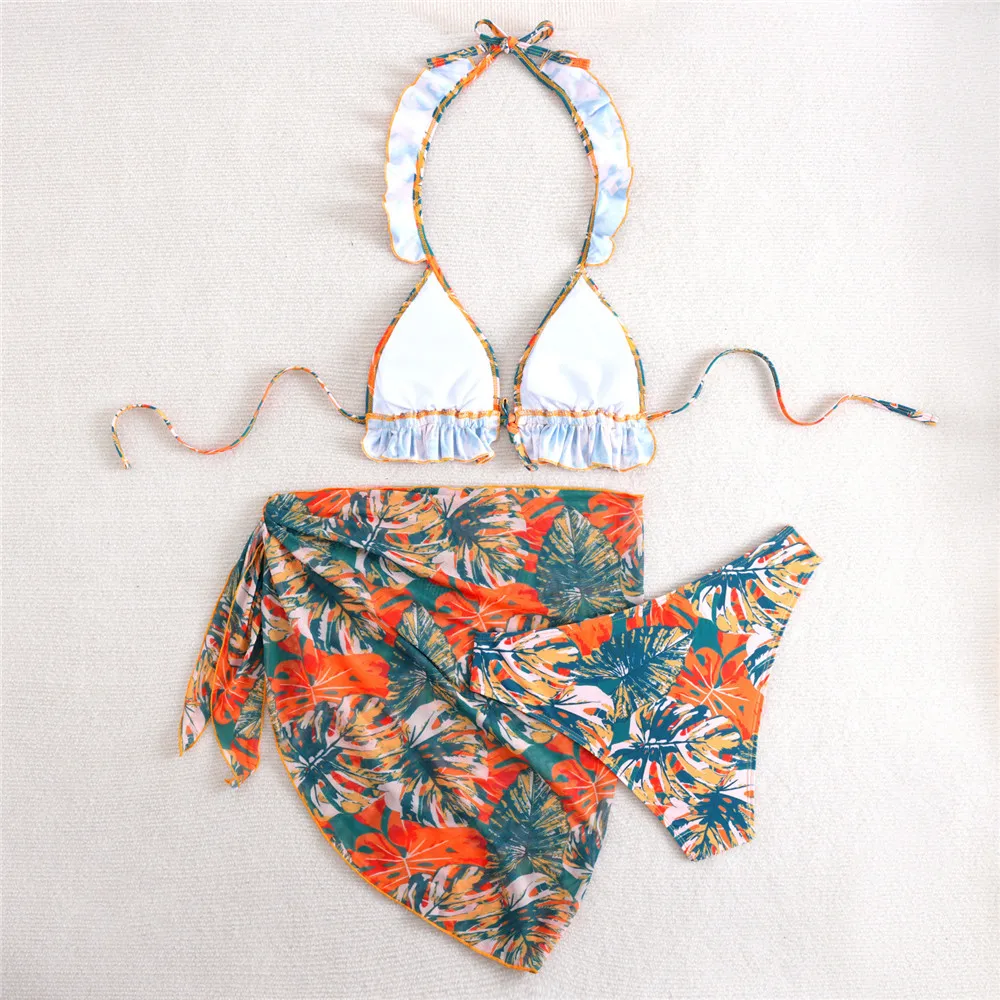 リーフプリント フリル付き ホルターネック 水着 3点セット ビキニ メッシュカバーアップ セクシー水着 レディース 2026 水着 レースアップビキニ 女性用