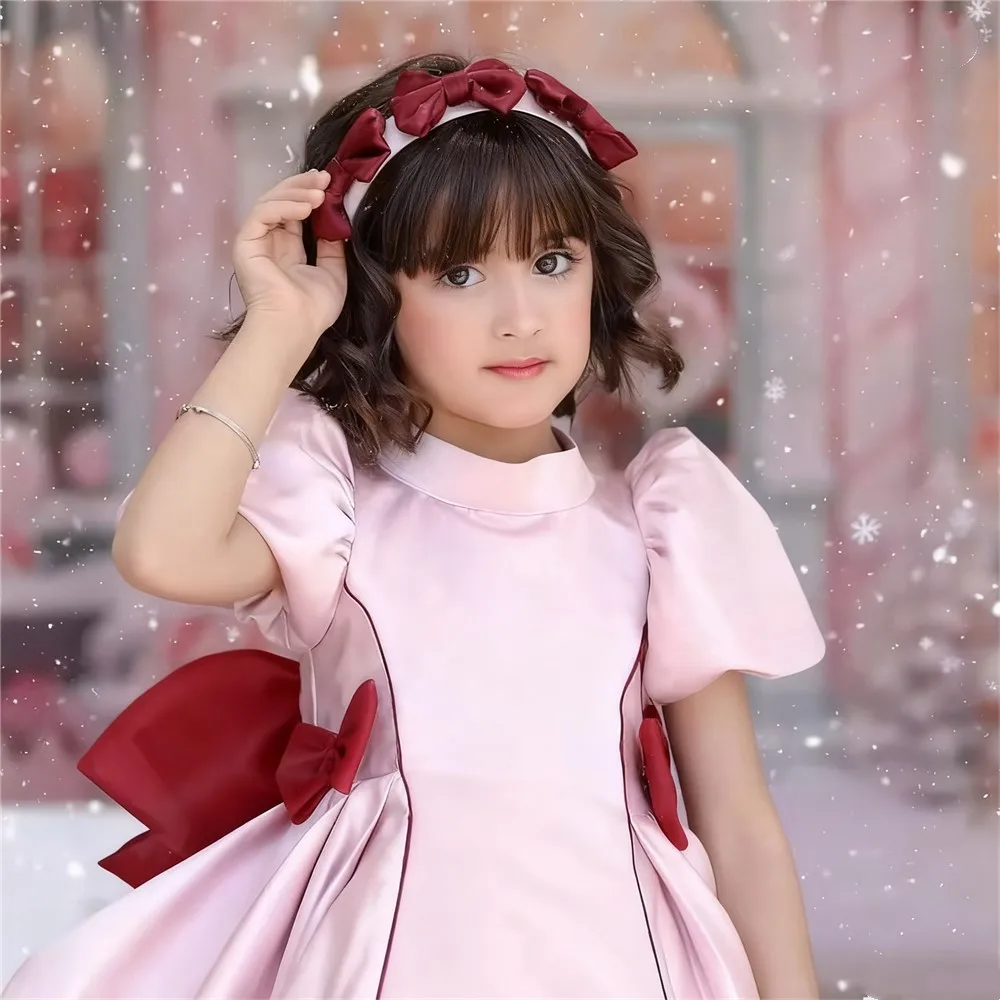 فستان زفاف فتاة الزهور من الساتان اللطيف مع فيونكة فستان حفلات أعياد الميلاد للفتيات الصغيرات فستان التواصل المقدس حسب الطلب #5