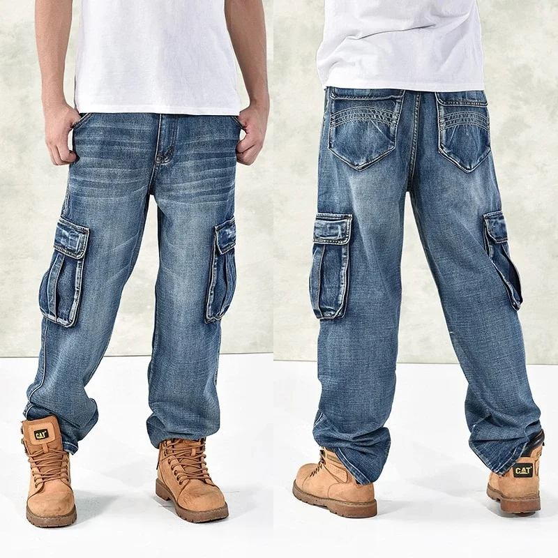 Plus Size 30-46 Men Cargo Multi-pocket Jeans Casual Fashion Cotton Loose Stretch Long Denim Military Pants Hip Hop