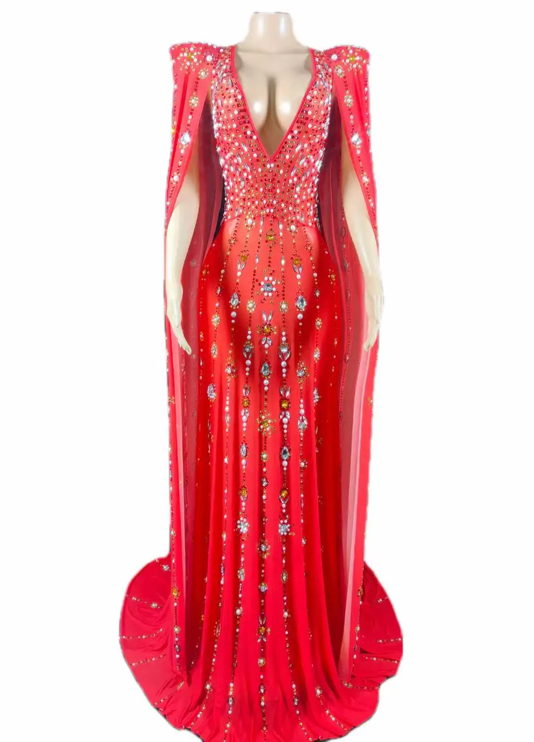 Red Women Crystals splendido vestito Backless manica lunga compleanno sera matrimonio discoteca Festival Queen Outfit