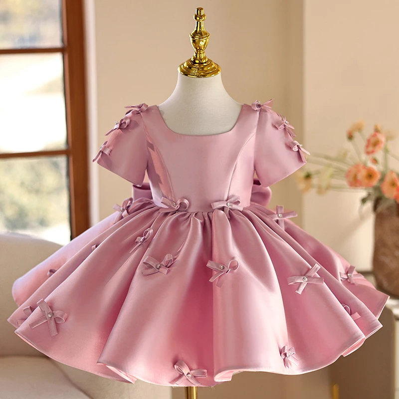 Elegante Schleife Brautjungfern Partykleider für Mädchen Sommer Kurzarm Hochzeit Prinzessin Abschlussball Mädchen Kleid Geburtstag Abend Abendkleid