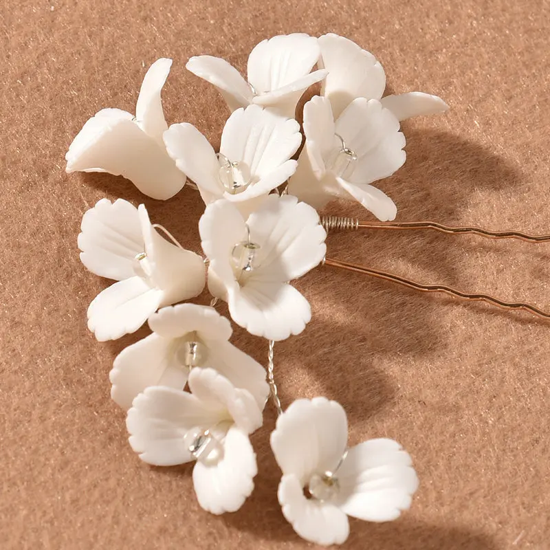 White ceramic flower hairpin crystal U-shaped hairpin bridal wedding hair accessories