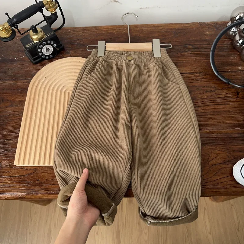 Kids Warm Corduroy Pants Winter Boys Girls Plus Velvet Trousers Children Thick Loose Casual Bottoms Pants 2-8 Years