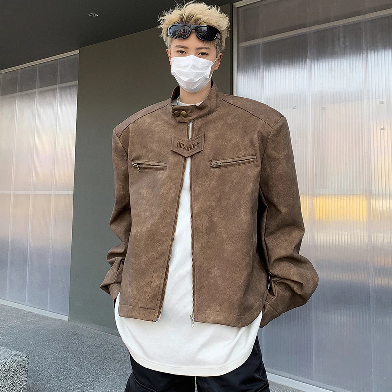 

Коричневый мотоциклетный кожаный джгут в стиле ретро, мужской джгут с мягкой подкладкой, молодежный модный осенний сезон, длинная длинная куртка на молнии...