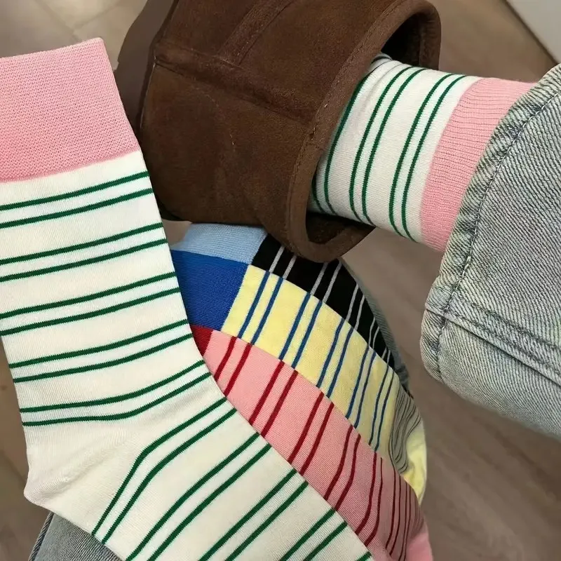 1/6 Pairs Frauen Bunte Gestreifte Mitte Rohr Socken Frühling Sommer Schweiß Absorbieren Atmungsaktive Dopamin Farbe Passenden Casual Socken – Detail 10
