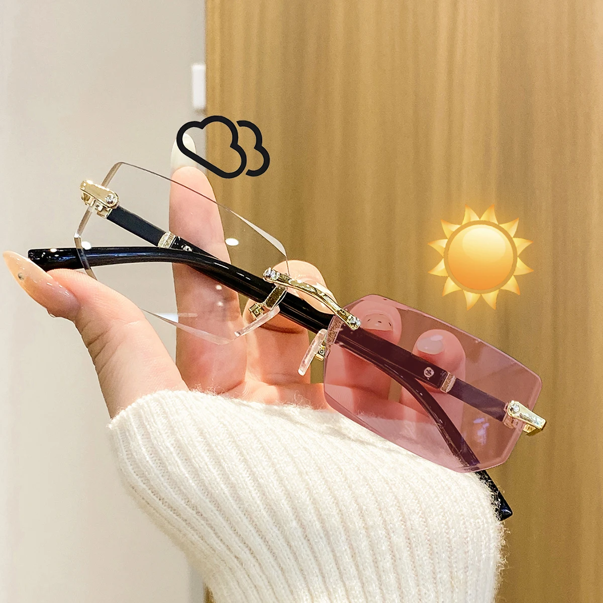 1 Pair of Women's Frameless Rectangular Metal Photochromic Glasses, Light Luxury, Elegant, Versatile and Fashionable Women's Glasses, Suitable for Business Meetings, Outdoor Activities, Shopping, and Date Wear