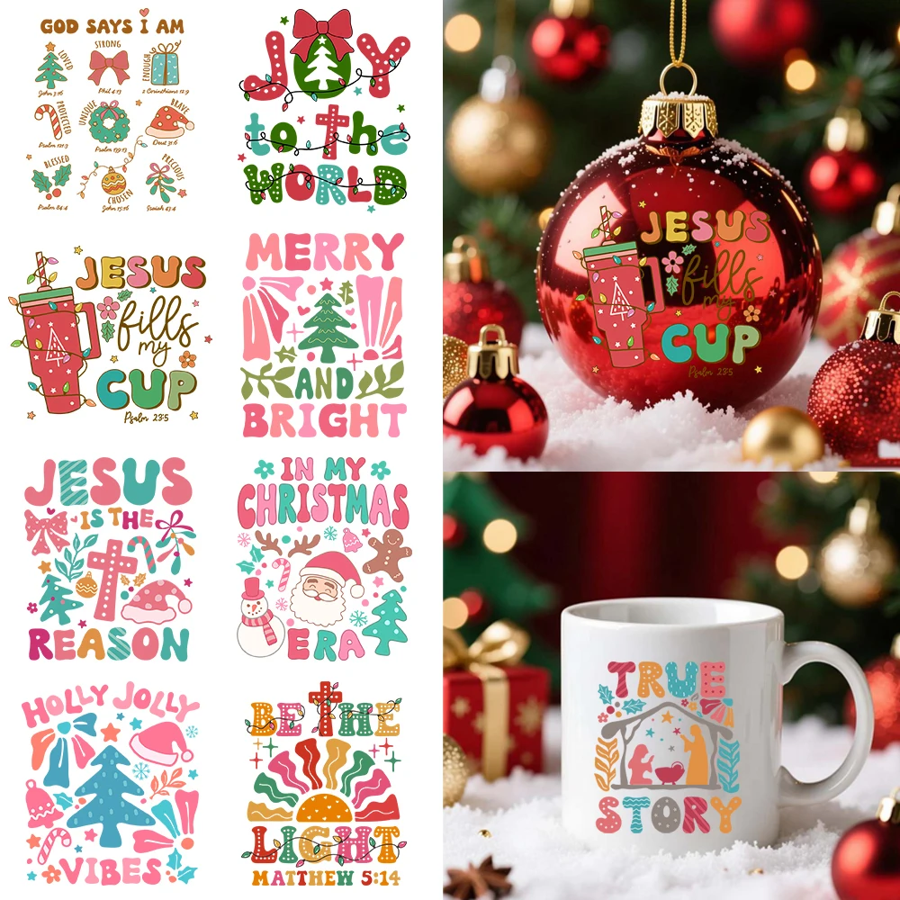 Merry Christmas Themed Joy To The World Letter Waterproof Sticker UV DTF Cup Wrap Transfers Sticker Custom Label DIY Mugs Decals