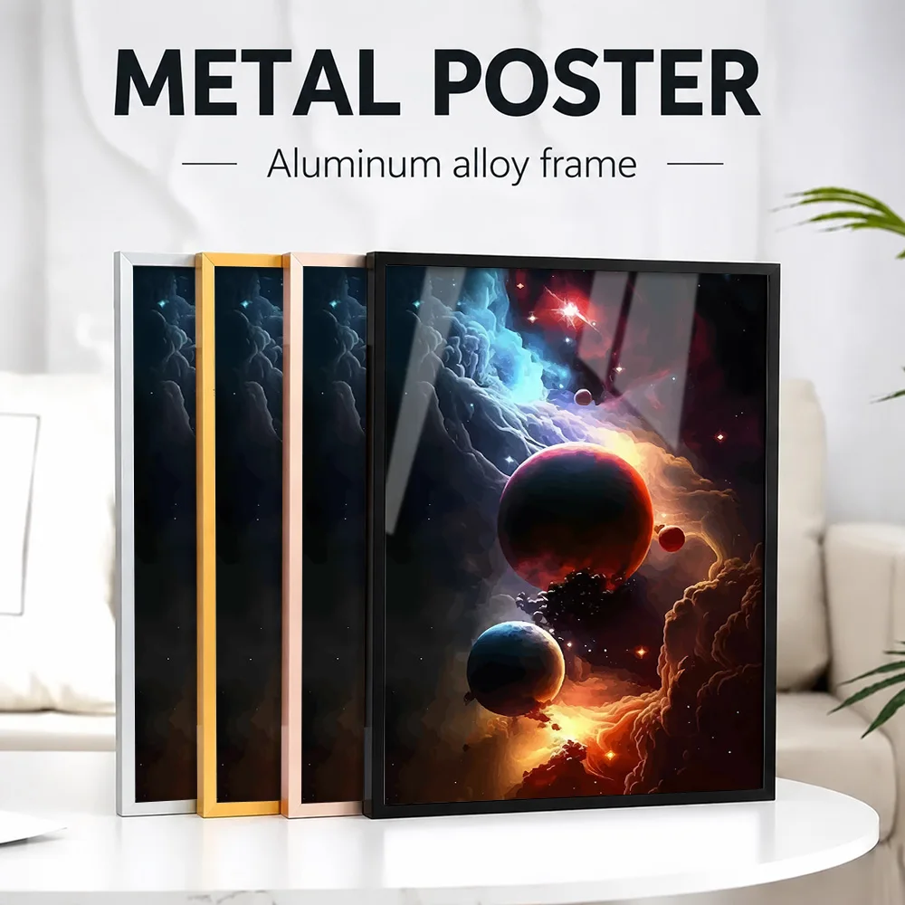 Planets And Nebula In Space Framed Aluminum Metal Poster Customized Photo Deep Universe Style Wall Art For Study Explorer Gift