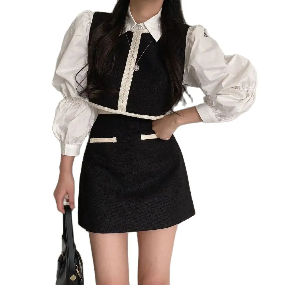 Three-Piece Set Of Lapel Shirt + Contrasting Color Vest + High-Waist Skirt For Women With Korean Chic Retro Niche Temperament