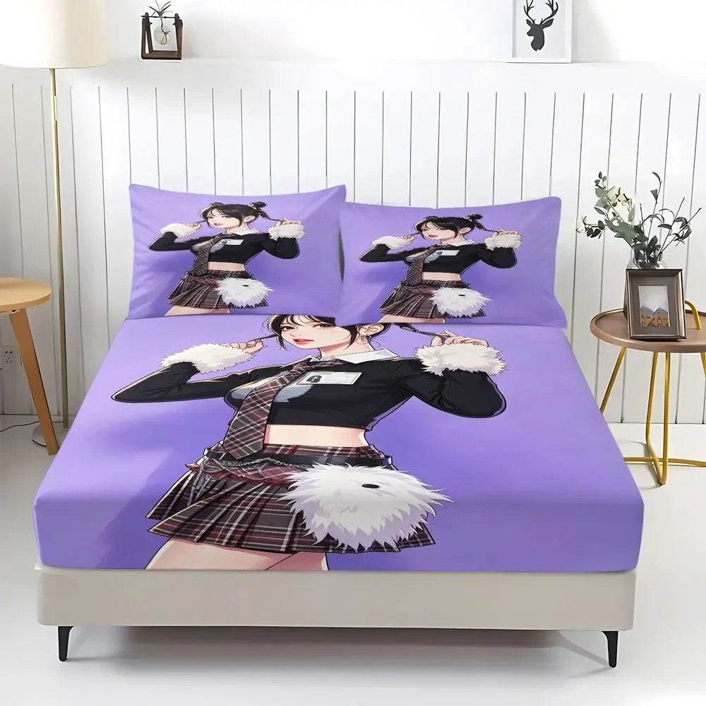 Furry Plaid Outfit Cartoon Print Fitted Sheet Set Bed Sheet Set Bedding Set No Fillers Cute Girls Cozy Bed Linen Set