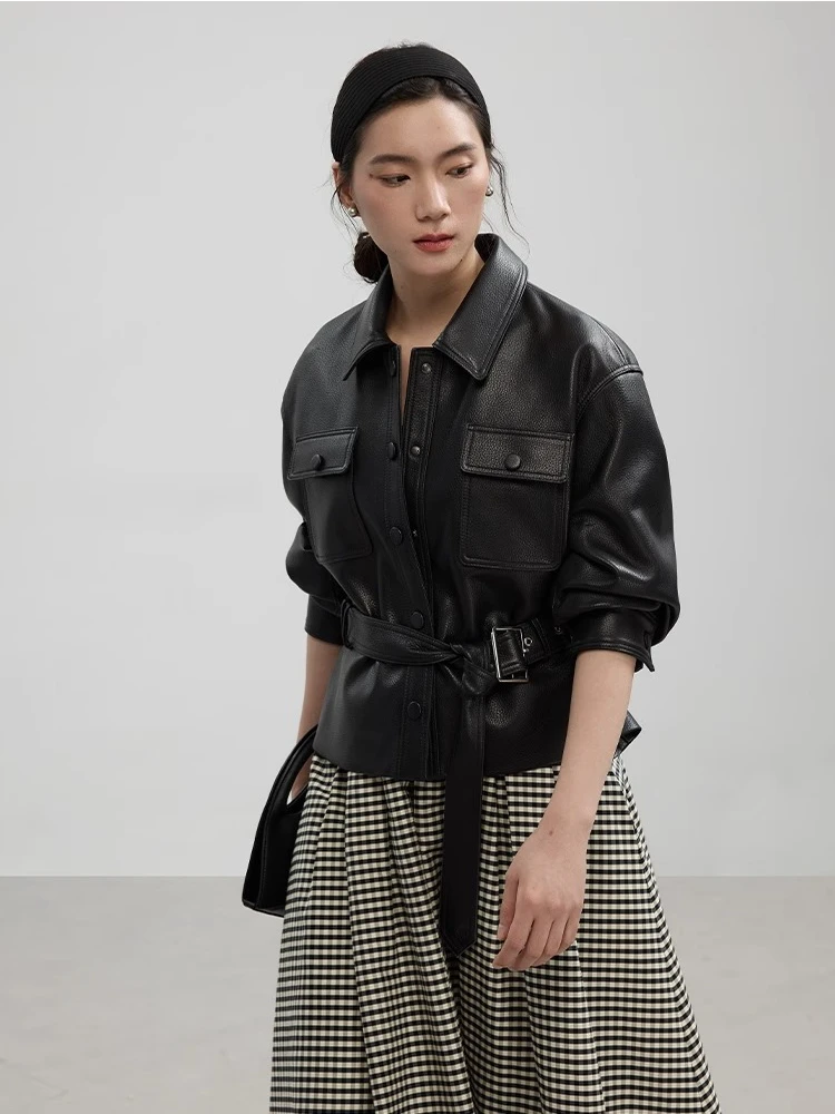 Casual Black Genuine Leather Jackets for Women Spring Autumn High-end Simple Lychee Texture Short Real Sheepskin Coat with Belt