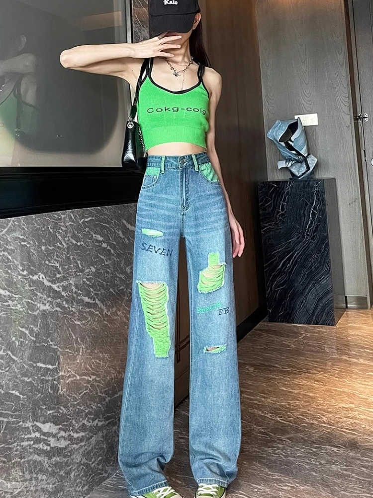 2024 Spice Girl Fashion Ripped Jeans High Waist Wide Leg Pants Women Summer Loose Contrast Color Letter Thin Straight Trousers