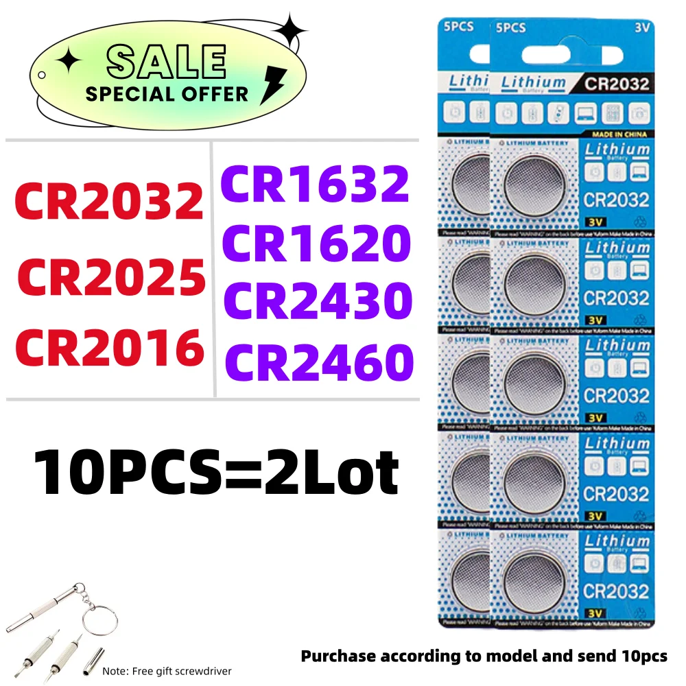 10PCS CR2032 Boutton Cell Battery CR2025 CR2016 CR2012 CR1632 CR1620 CR1216 3V Lithium Batteries  for Watch Keys Calculator