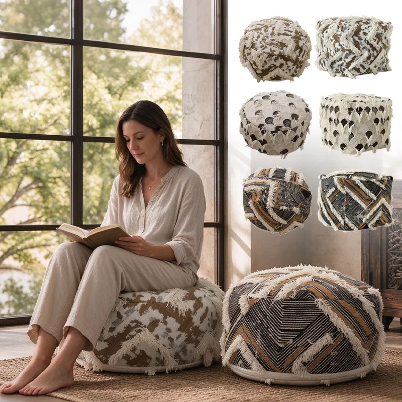 Boho Tassel Woven Jacquard Pouf Cover, Thick Square Floor Seat Cushion Slipcover, Home Decor Ottoman Cover Only No Filler