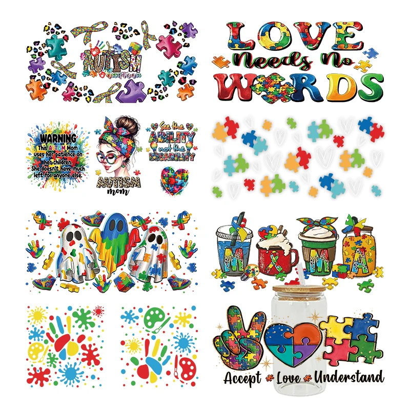 3D UV DTF Caring For Autism Printed Transfers Stickers 16oz Cup Wraps For DIY Glass Ceramic Metal Leather Etc. D21119