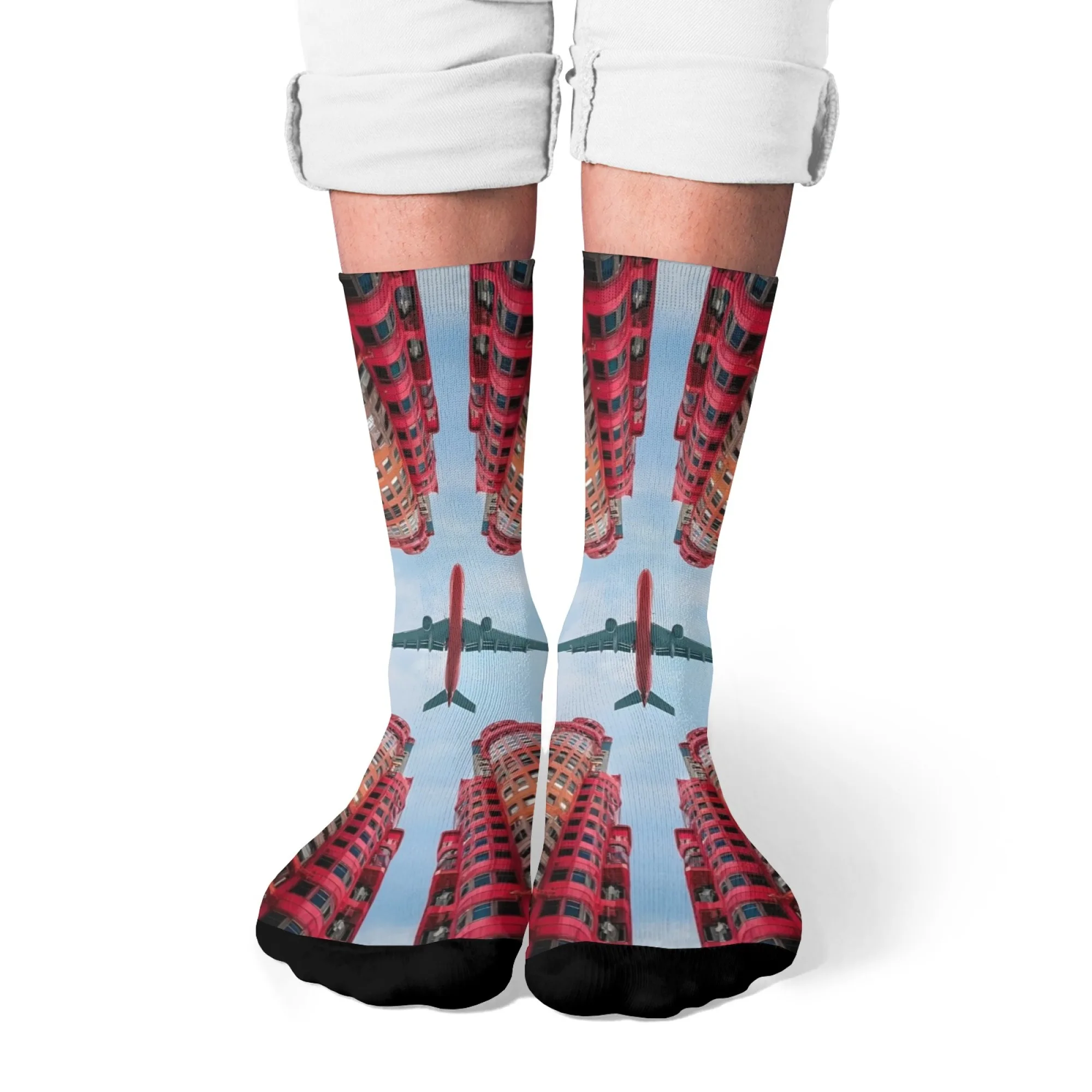 3D Visual Urban Building & Airplane Print Socks Men Women Fashion Streetwear Cool Socks Harajuku Style Artistic Socks Novelty