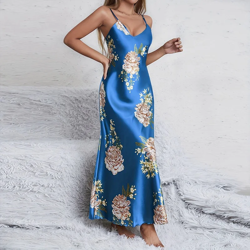 

Sexy Women's Pajamas Dress Flower Print Trim Sleeveless Nightdress Slim U Neck Female Nightgown