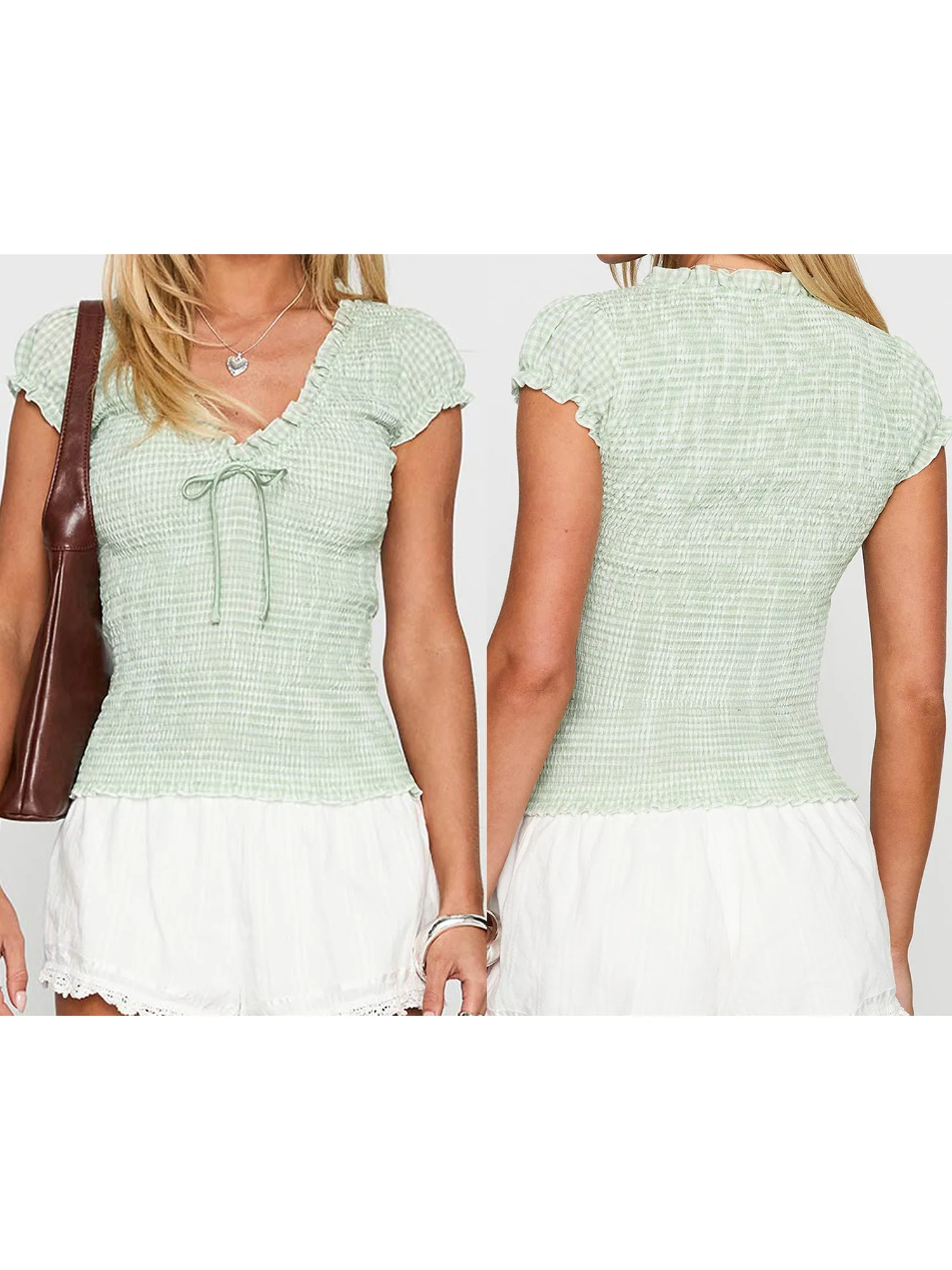 

Женская повседневная летняя футболка с коротким рукавом и v-образным вырезом в клетку с завязкой спереди и бантом с подбором и уличной одеждой Vibes