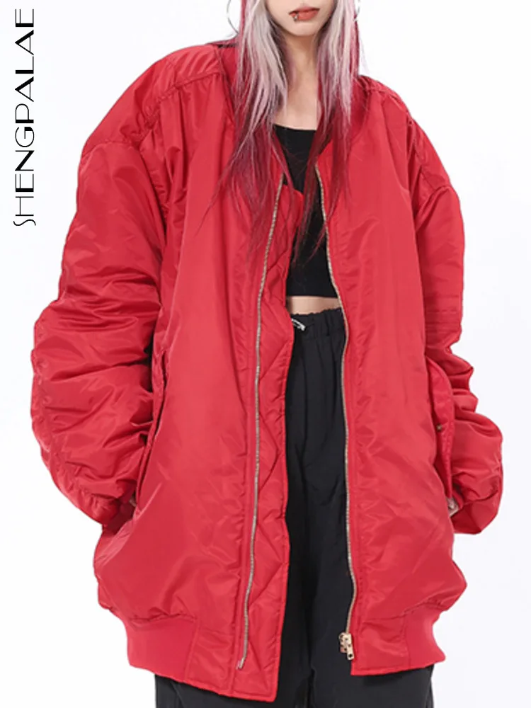 Shengpalae moda vermelho algodão-acolchoado casaco o pescoço feminino inverno solto manter quente engrossar zíper outerwears casacos 2024 novo 5g324