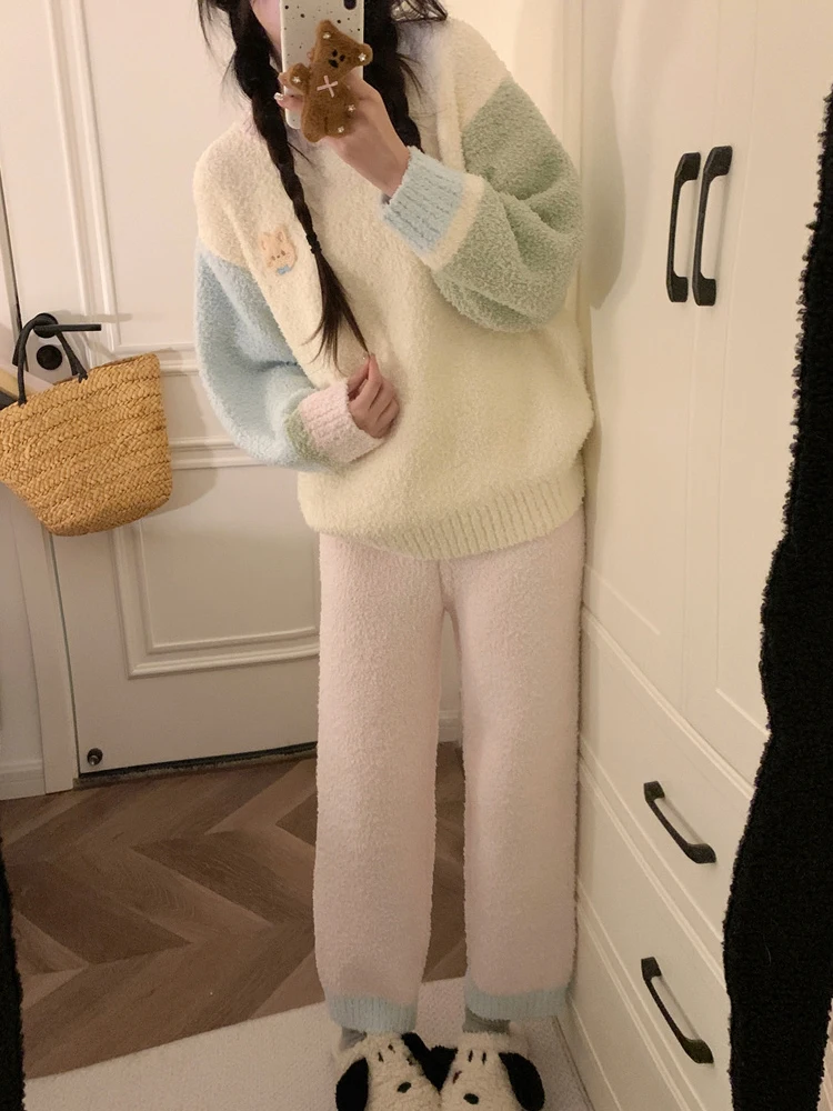 Comfort Sleepwear Vintage Kawaii Contrasting Colors Pajama Sets Suit Thickening Plush Keep Warm 2 Piece Night Wears Home Clothes