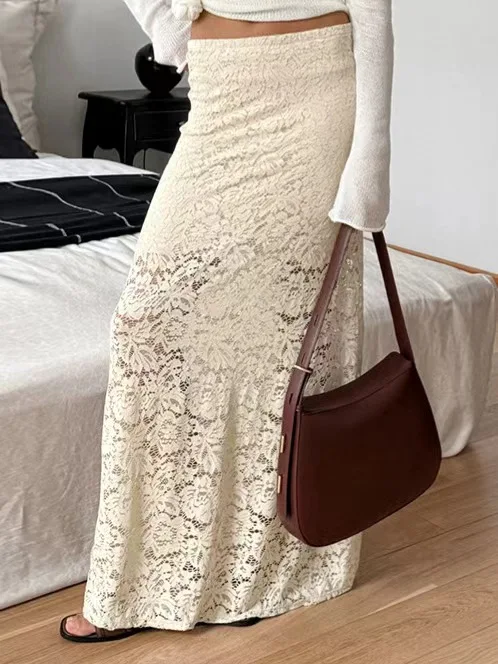 

Sexy Lace f Skirt in Beige Floral Embroidery Transparent Design Cotton Lace Midi Skirt for Women Commute Sle Slim Fit A-...