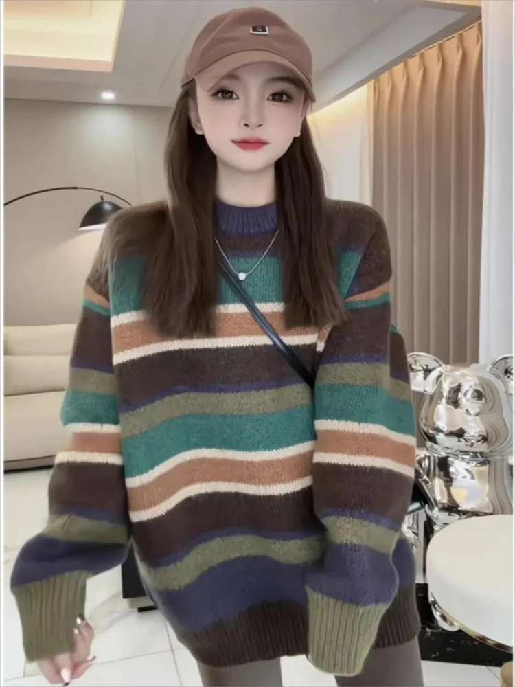 2024 New Korea Stripe Pullovers Autumn Vintage Oversized Jumpers Contrast Color Loose Casual Sweaters Women