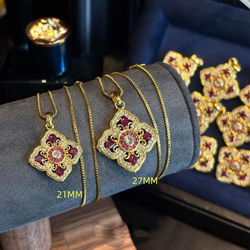 

Vintage Luxury Hollow 4 Leaves Clover Flower Red Ruby Gemstones Pendant Necklaces for Women 18K Gold Filled Silver 925 Gifts