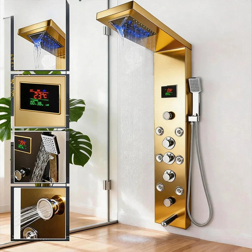 Rainfall Waterfall w/ Handheld Spray Body Massage Jets Digital Temperature Display Shower Column Torayvino Shower Panel System