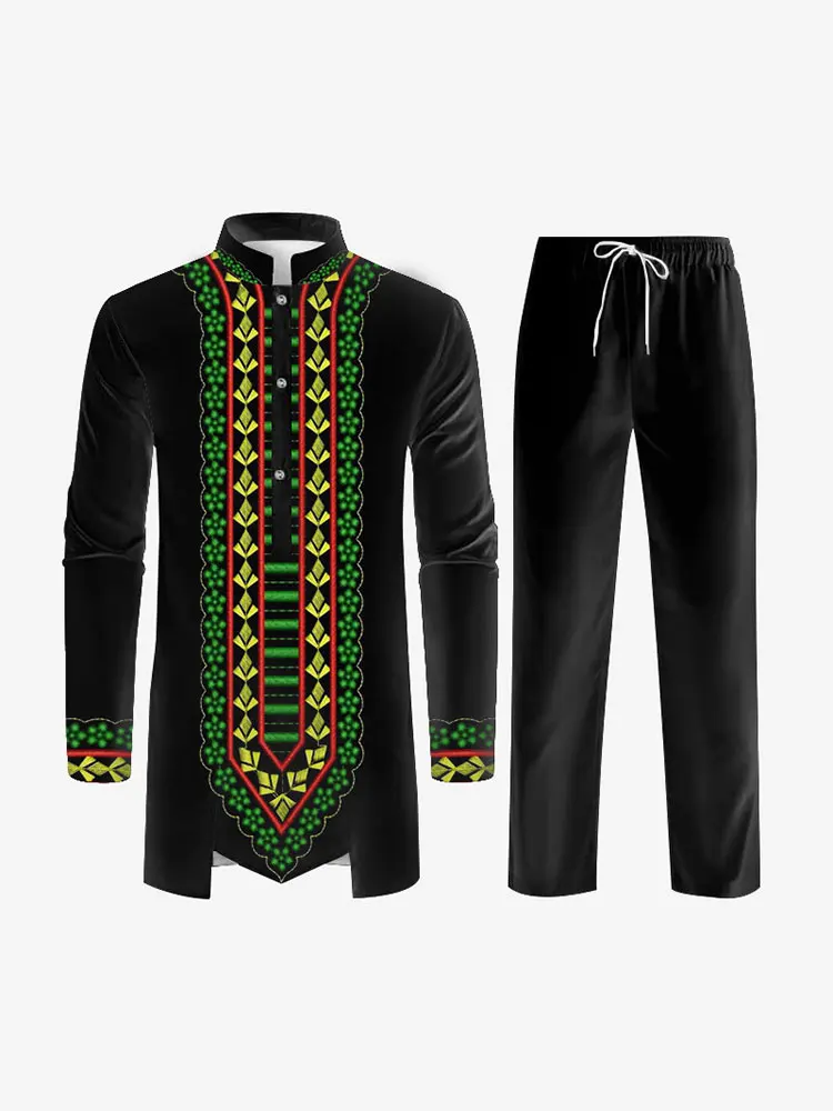 New Muslim Men\'s Robe Yellow White Black Long Sleeves Trousers Arab Men\'s Suits New Graphic Printing Multi-color Combination