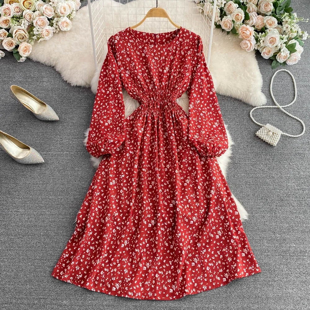 Vestido Floral Dulce con Corte en A, E Cuello Redondo, Manga Larga, Cintura Ajustada, Falda Midi de Cintura Alta, Esti...