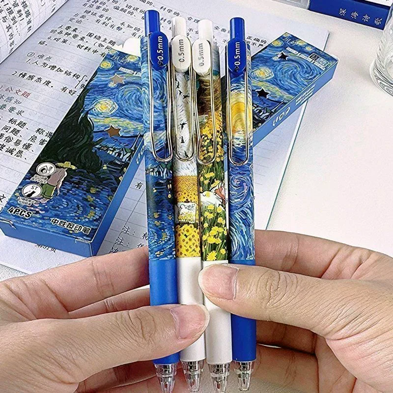 4Pcs/Box Trendy Van Gogh Oil Painting Press Gel Pen Black Ink 0.5mm Ballpoint Pens Stationery Quick-Drying Pens For Student