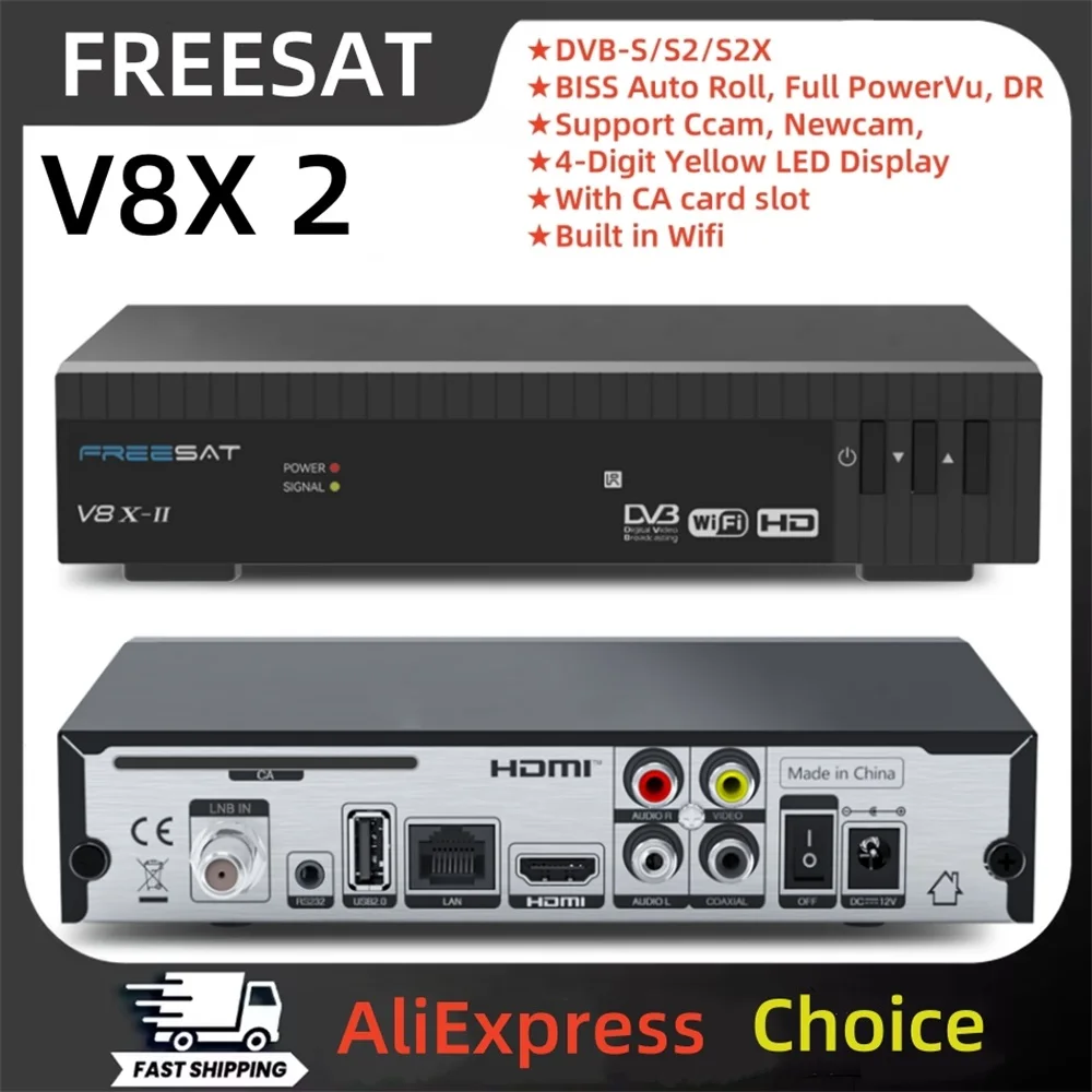 جهاز استقبال تلفزيون FREESAT V8X 2 عبر الأقمار الصناعية DVB-S2X/S2/S، H.264/H.265 HD مدمج WIFI، صندوق تلفزيون إصدار MARS/CCAM/FunCam مع فتحة بطاقة CA