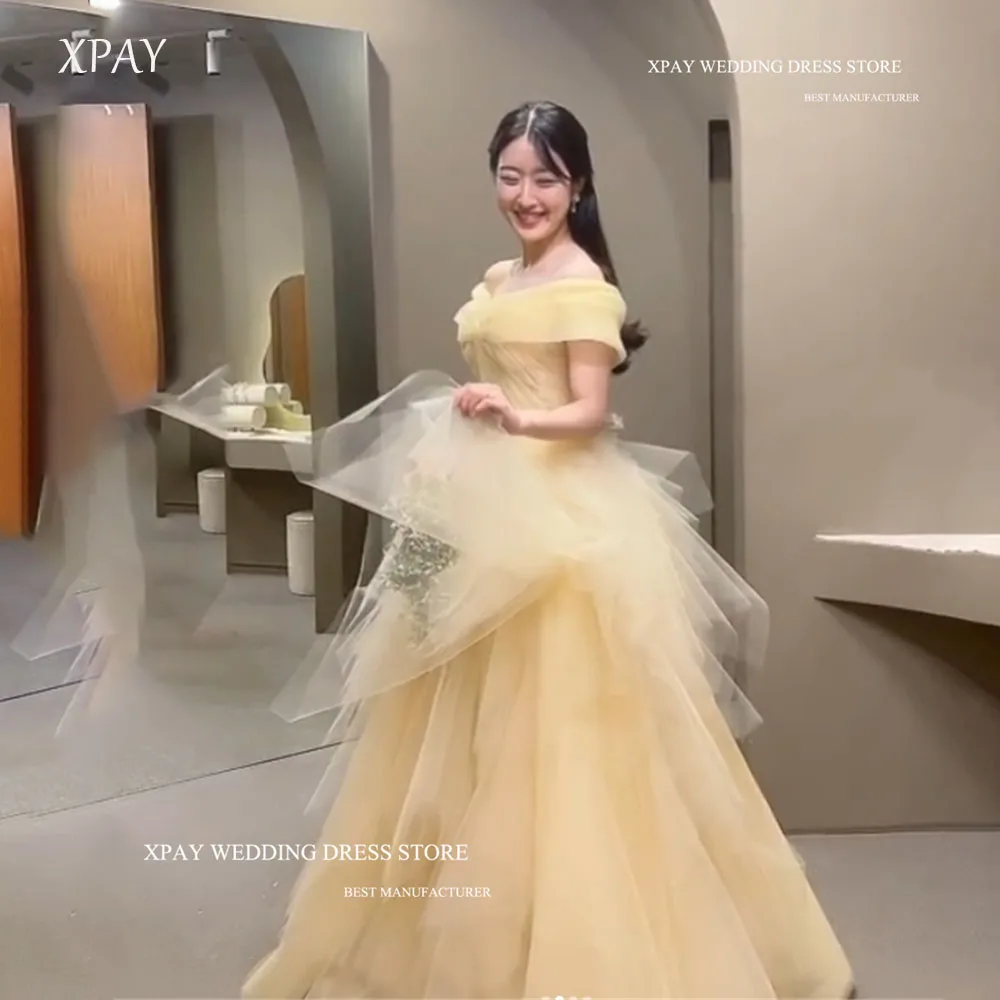 

XPAY Princess Pale Yellow Ball Gown Sweetheart Collar Korea Evening Dresses Corset Back Tiered Tulle Wedding Photos Shoot Custom