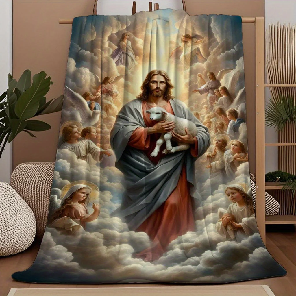 

Jesus Lamb Angels Clouds Flannel Blanket - Beautiful and comfortable warm blanket, flannel blanket, flannel blanket,