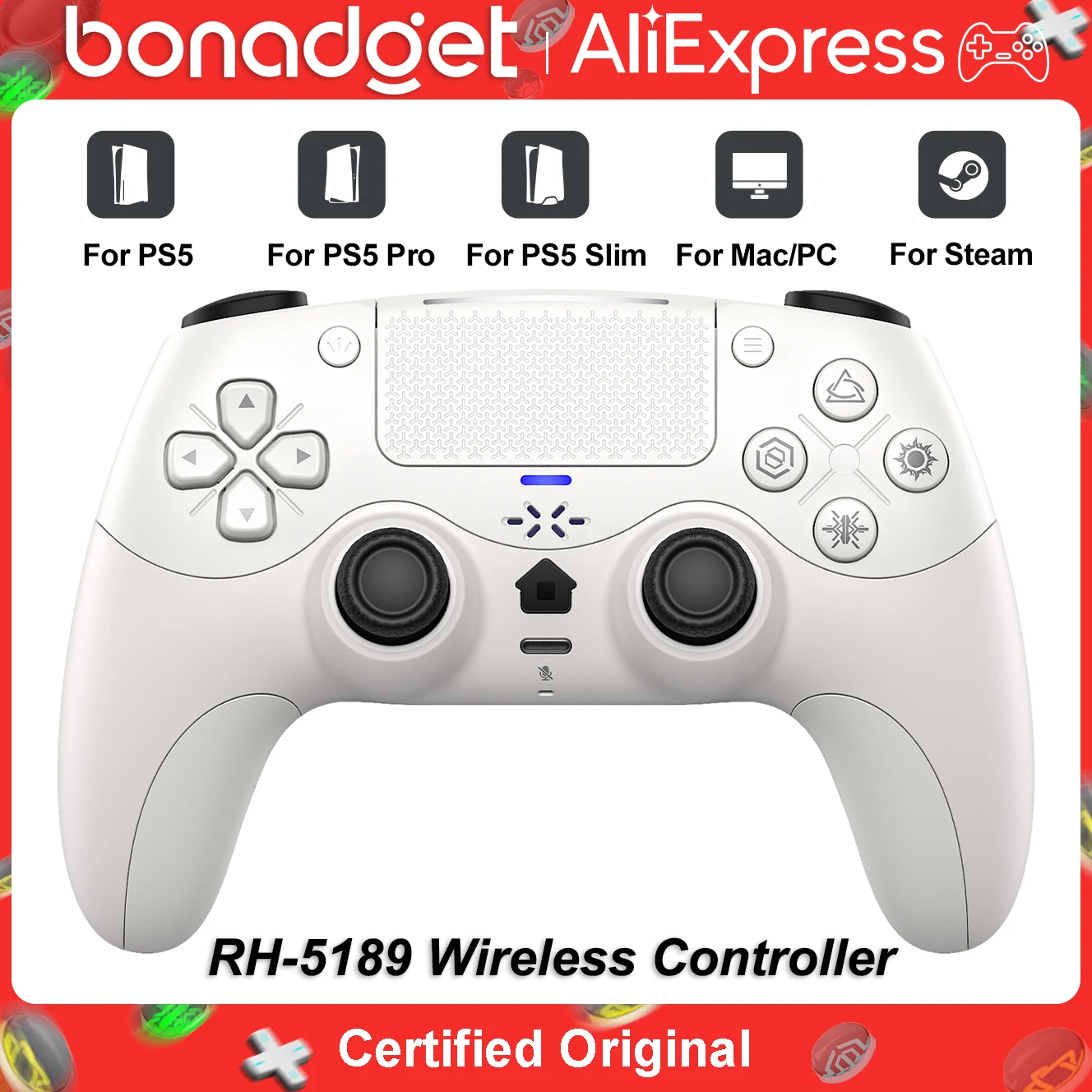Gamepad für PS5/Playstation 5/PC, BT Wireless Controller mit Haptischem Feedback, Voice-Coil-Motor, 6-Achsen-Gyroskop, Hall-Effekt-Spiel-Joystick